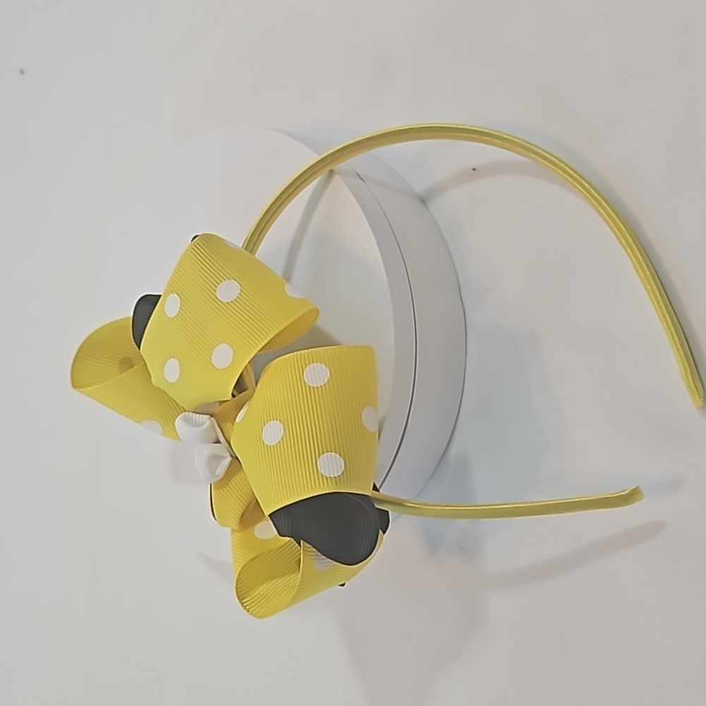 Hand Crafted Handmade Bow Hairband Yellow white polka-dot black contrast ribbon - Picture 8 of 17